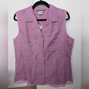 NWOT Jessica Holbrook 100% Silk Mesh Feel Lined Button Up Sleeveless Polo Sz L